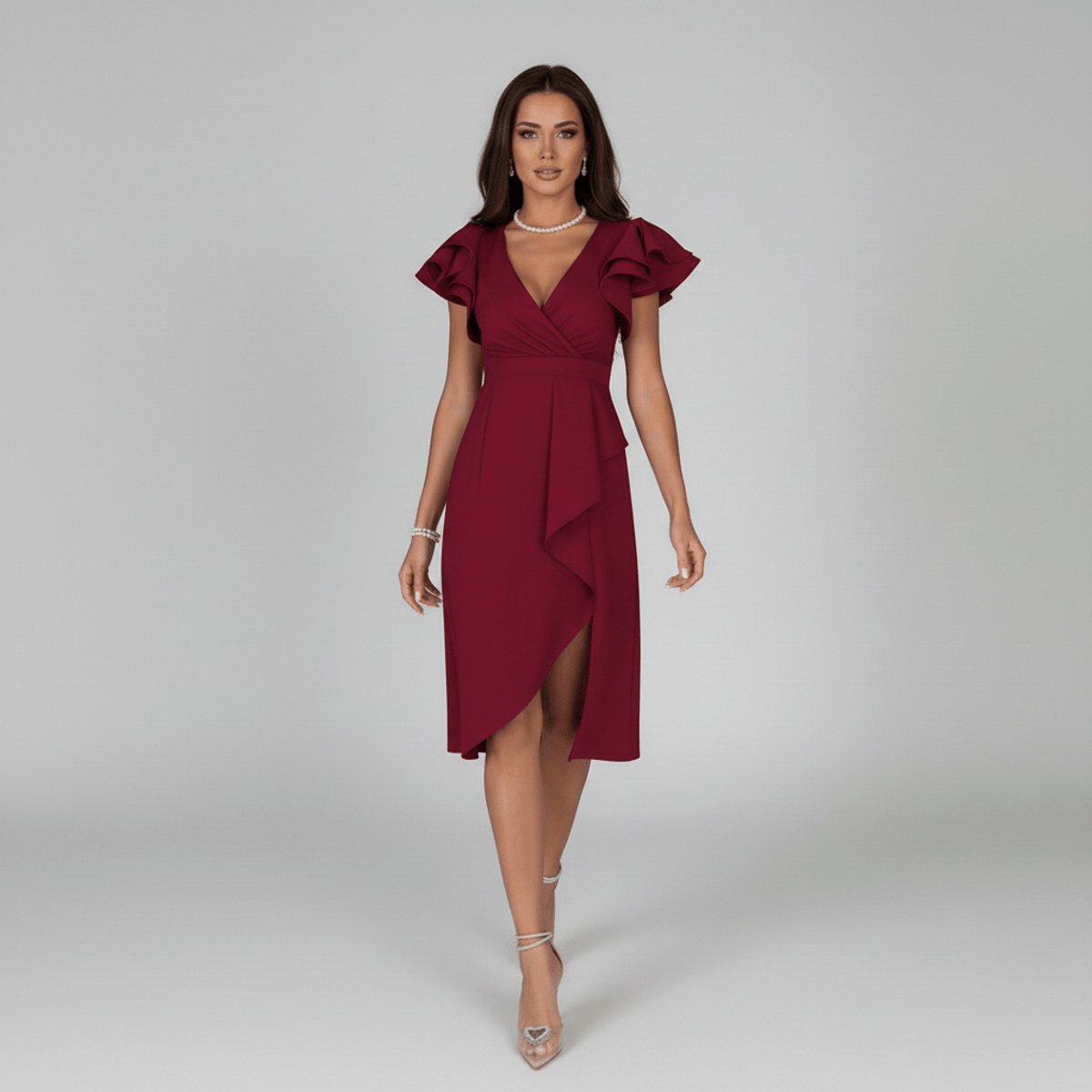 Women's Ruffle-Sleeve V-Neck Wrap Mother of the Bride Dress