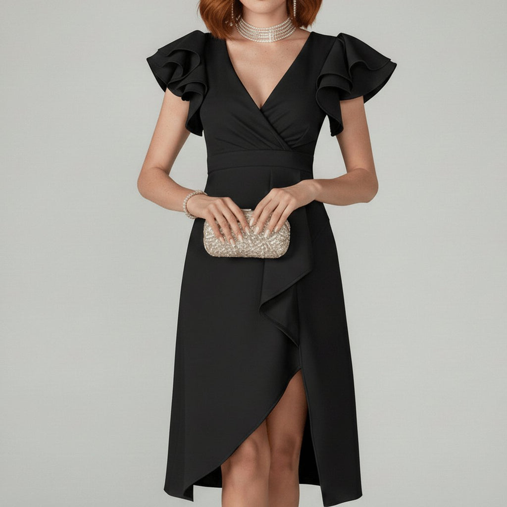 Women's Ruffle-Sleeve V-Neck Wrap Mother of the Bride Dress - Classic Black