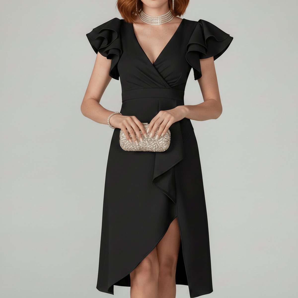 Women's Ruffle-Sleeve V-Neck Wrap Mother of the Bride Dress - Classic Black
