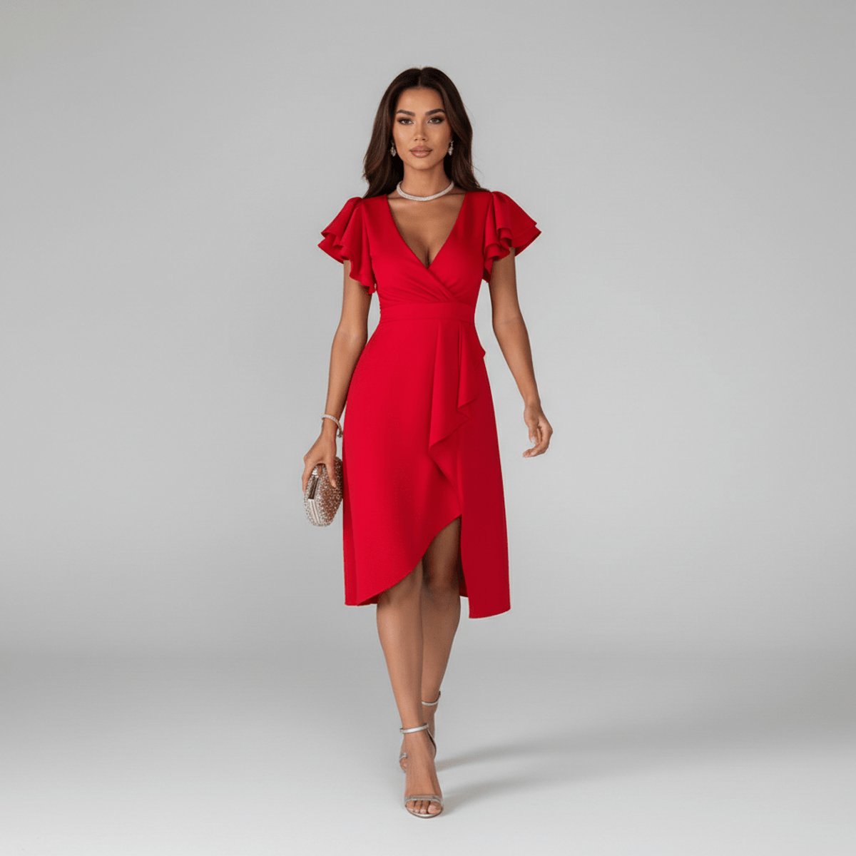 Women's Ruffle-Sleeve V-Neck Wrap Mother of the Bride Dress - Vivid Red