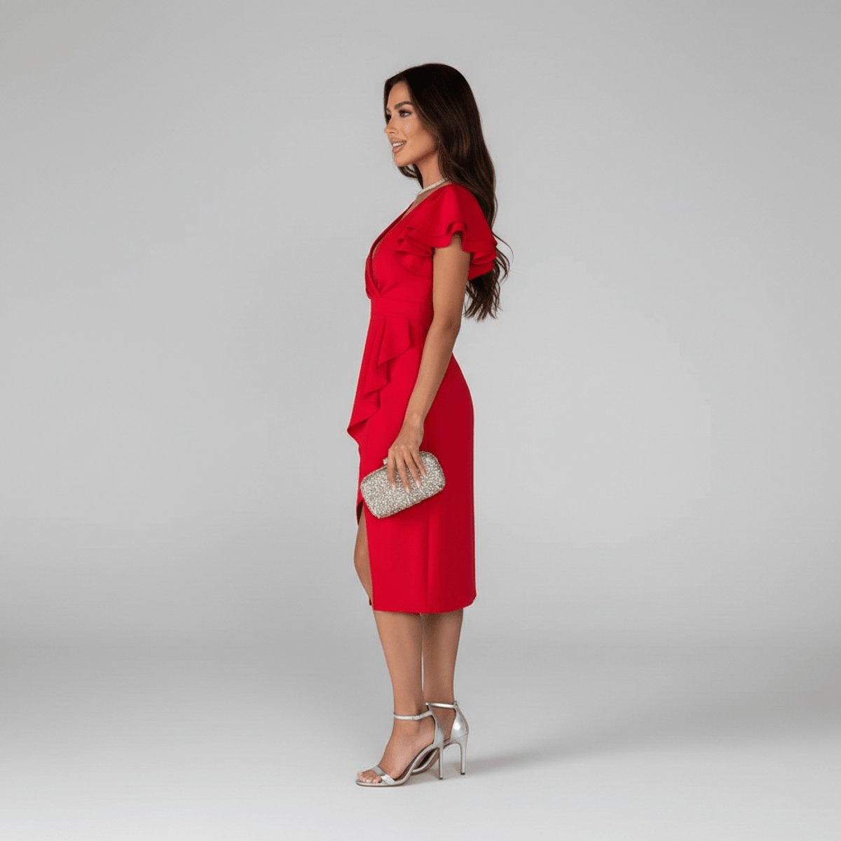 Women's Ruffle-Sleeve V-Neck Wrap Mother of the Bride Dress