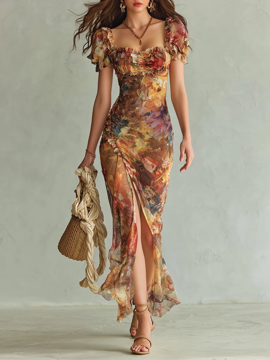 Women's Ruffle Sweetheart Floral Chiffon Maxi Dress - Orange