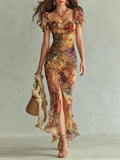 Women's Ruffle Sweetheart Floral Chiffon Maxi Dress - Orange