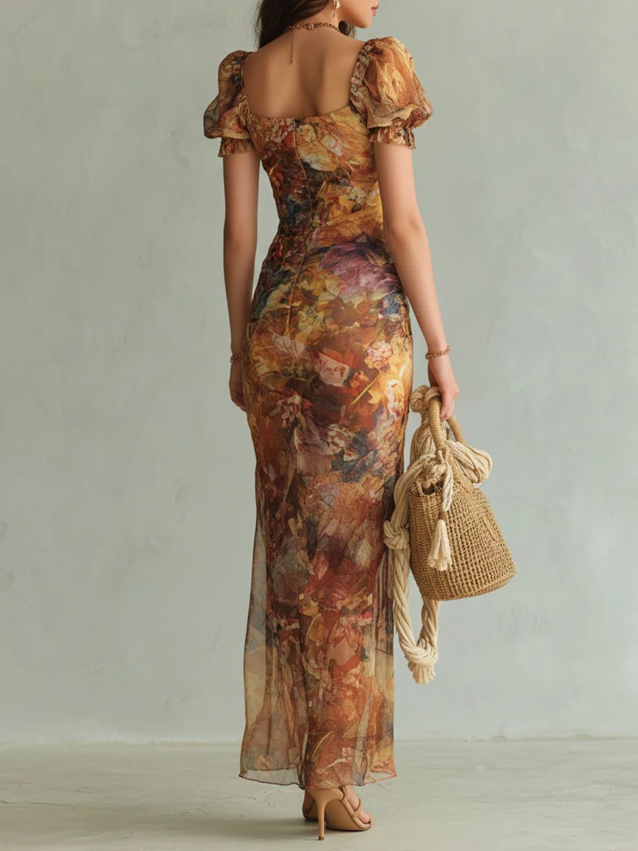 Women's Ruffle Sweetheart Floral Chiffon Maxi Dress