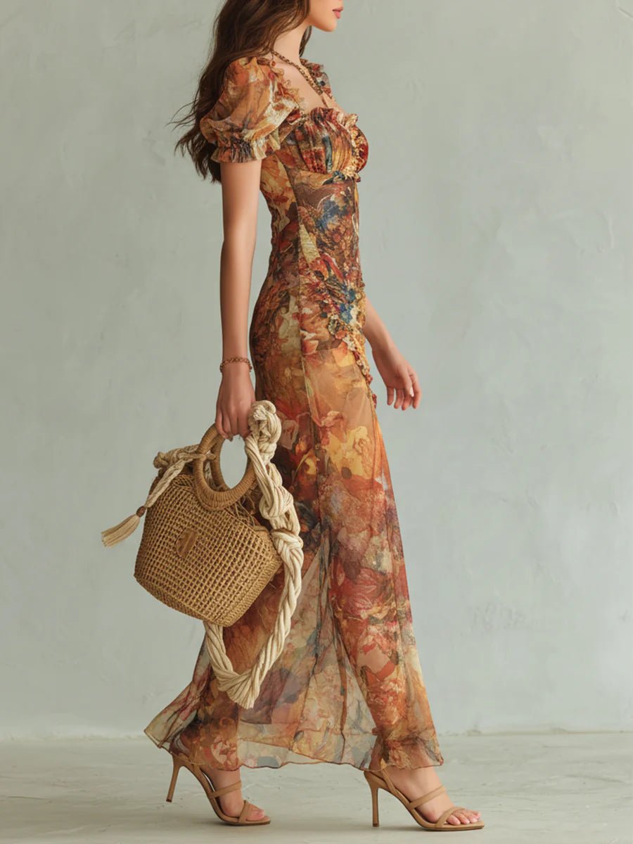 Women's Ruffle Sweetheart Floral Chiffon Maxi Dress