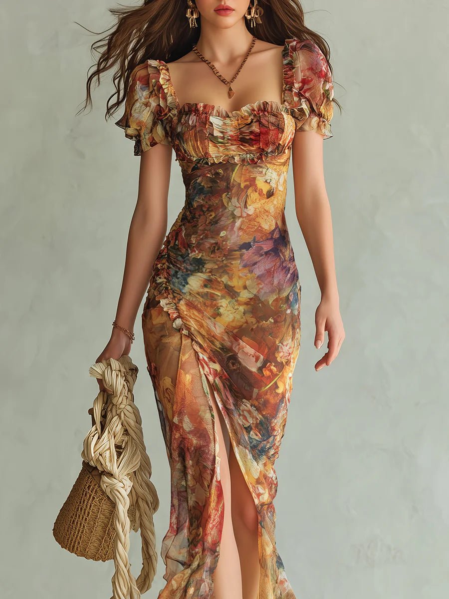 Women's Ruffle Sweetheart Floral Chiffon Maxi Dress