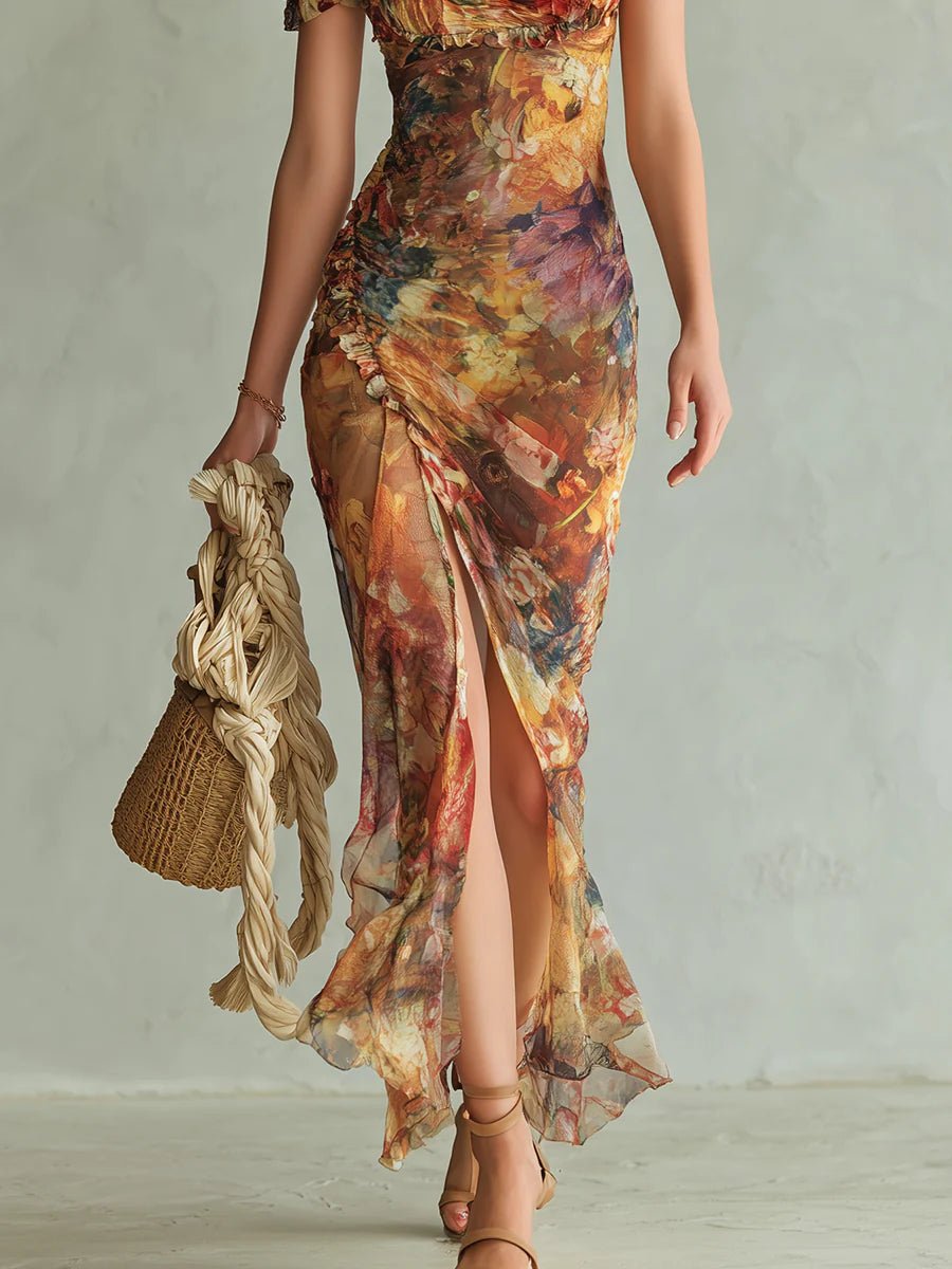 Women's Ruffle Sweetheart Floral Chiffon Maxi Dress