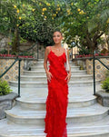 Women's Ruffled Spaghetti-Strap Maxi Formal Gown Christmas Party Dress - Red
