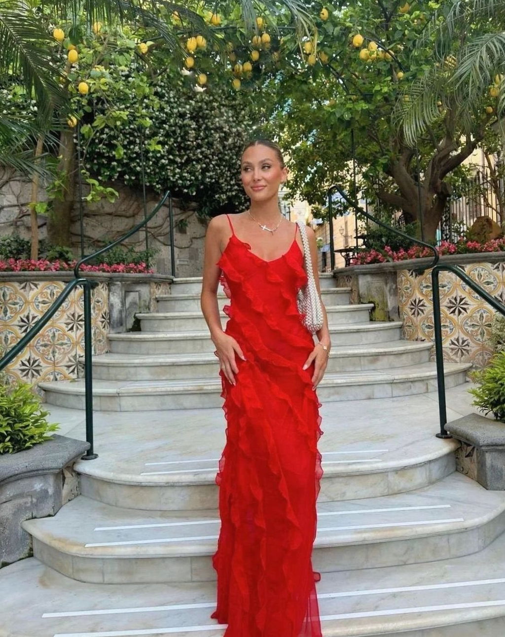 Women's Ruffled Spaghetti-Strap Maxi Formal Gown Christmas Party Dress