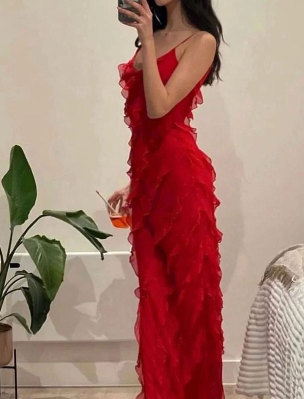 Women's Ruffled Spaghetti-Strap Maxi Formal Gown Christmas Party Dress