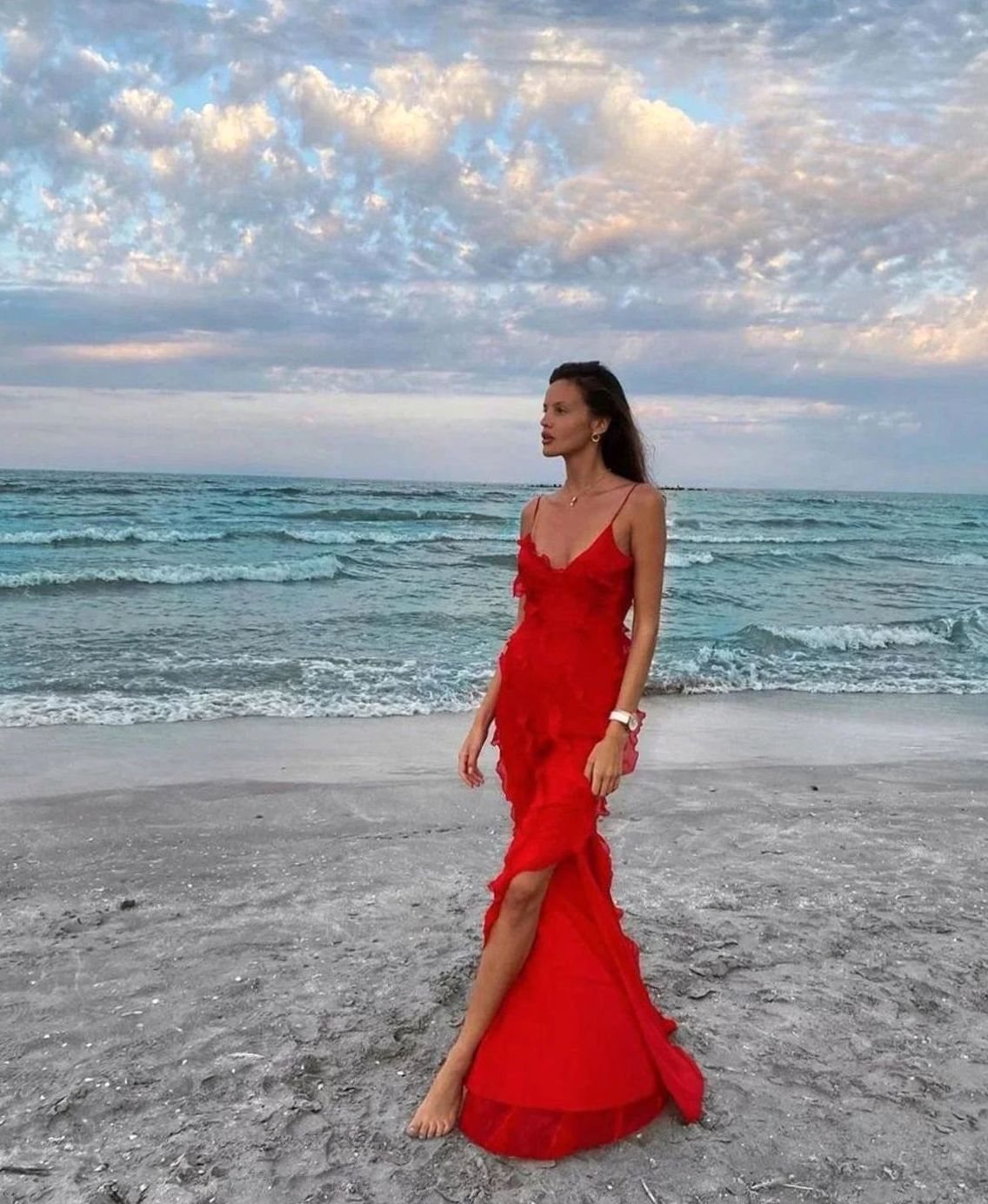 Women's Ruffled Spaghetti-Strap Maxi Formal Gown Christmas Party Dress