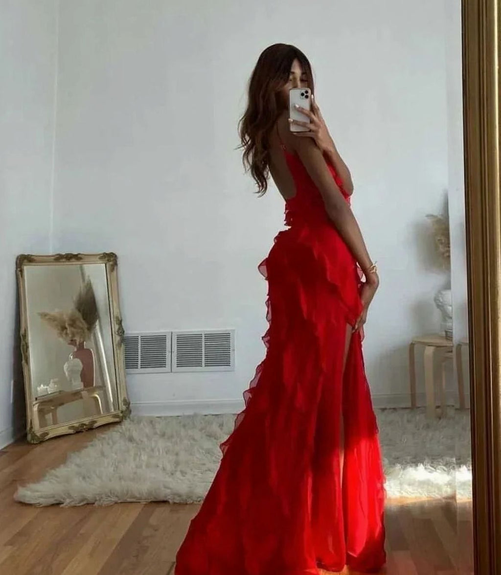 Women's Ruffled Spaghetti-Strap Maxi Formal Gown Christmas Party Dress