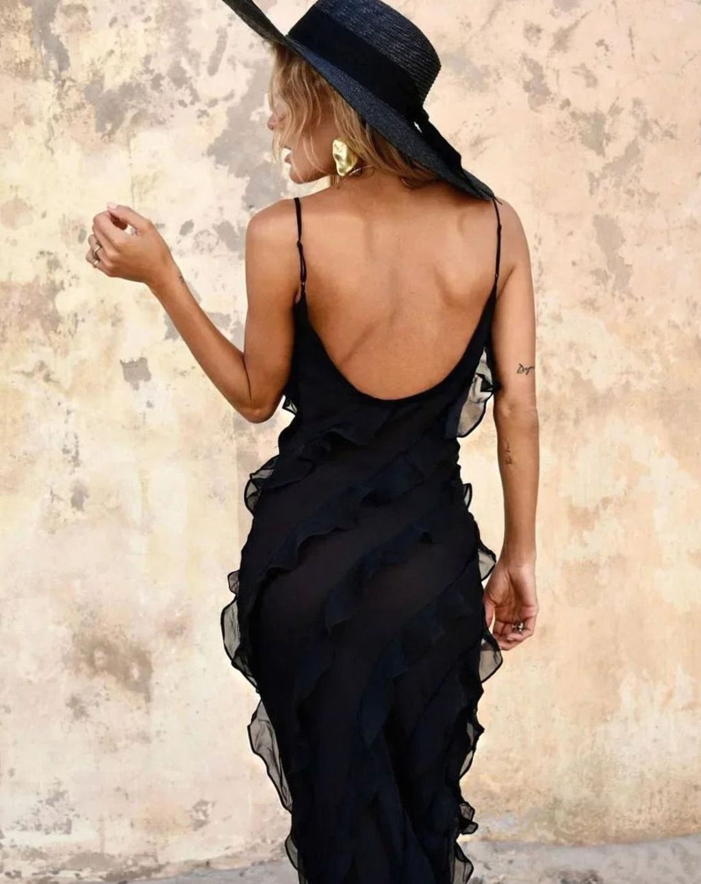 Women's Ruffled Spaghetti-Strap Maxi Formal Gown Christmas Party Dress