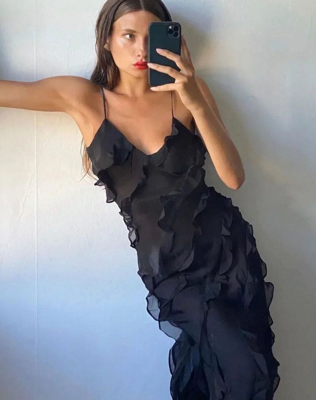 Women's Ruffled Spaghetti-Strap Maxi Formal Gown Christmas Party Dress