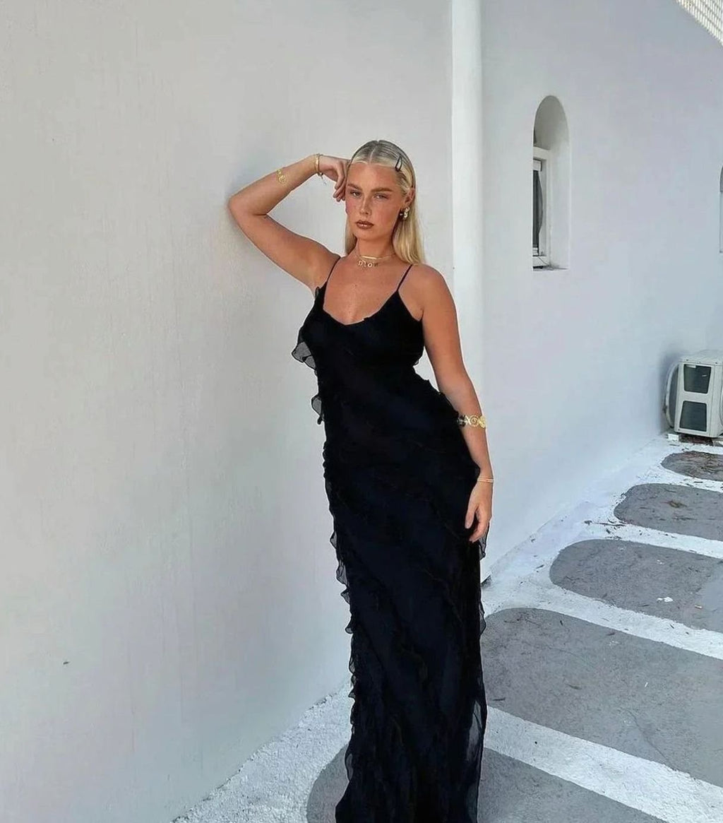 Women's Ruffled Spaghetti-Strap Maxi Formal Gown Christmas Party Dress