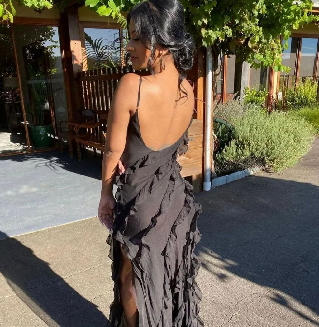 Women's Ruffled Spaghetti-Strap Maxi Formal Gown Christmas Party Dress