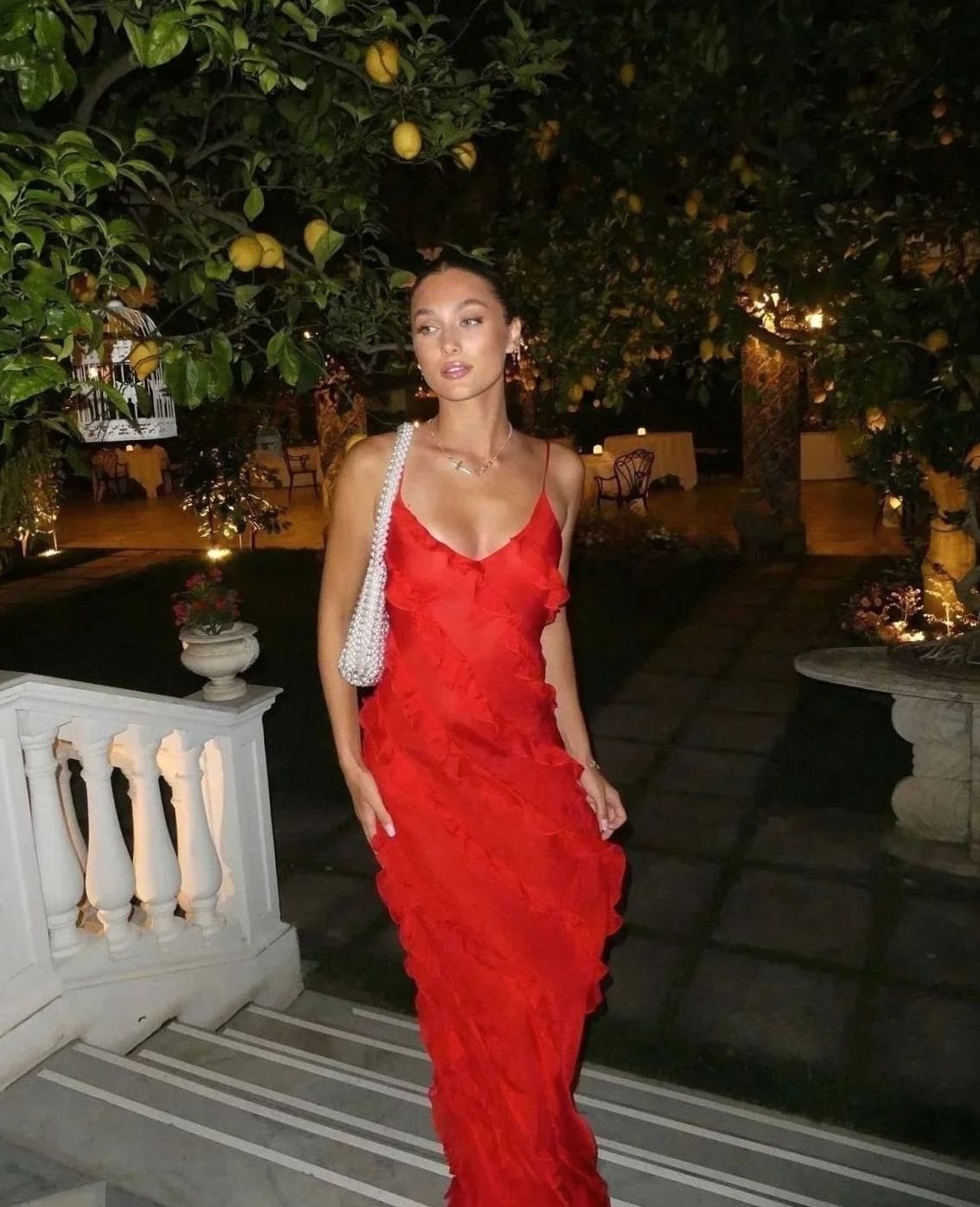 Women's Ruffled Spaghetti-Strap Maxi Formal Gown Christmas Party Dress