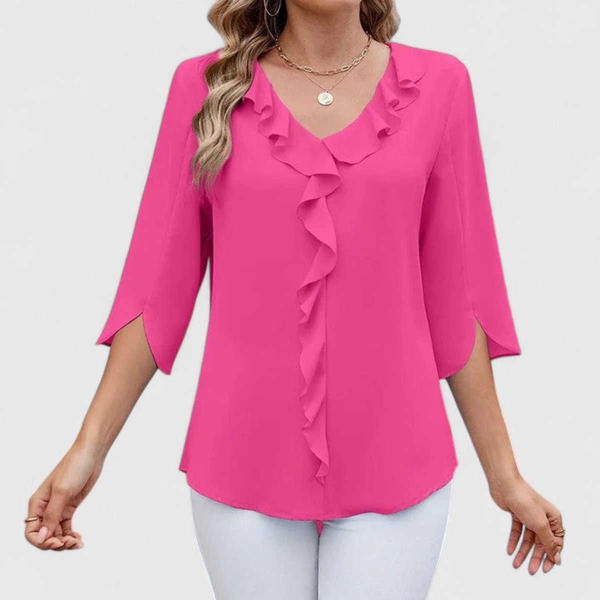 Women's Ruffled V-Neck Flared Chiffon Blouse - Pink