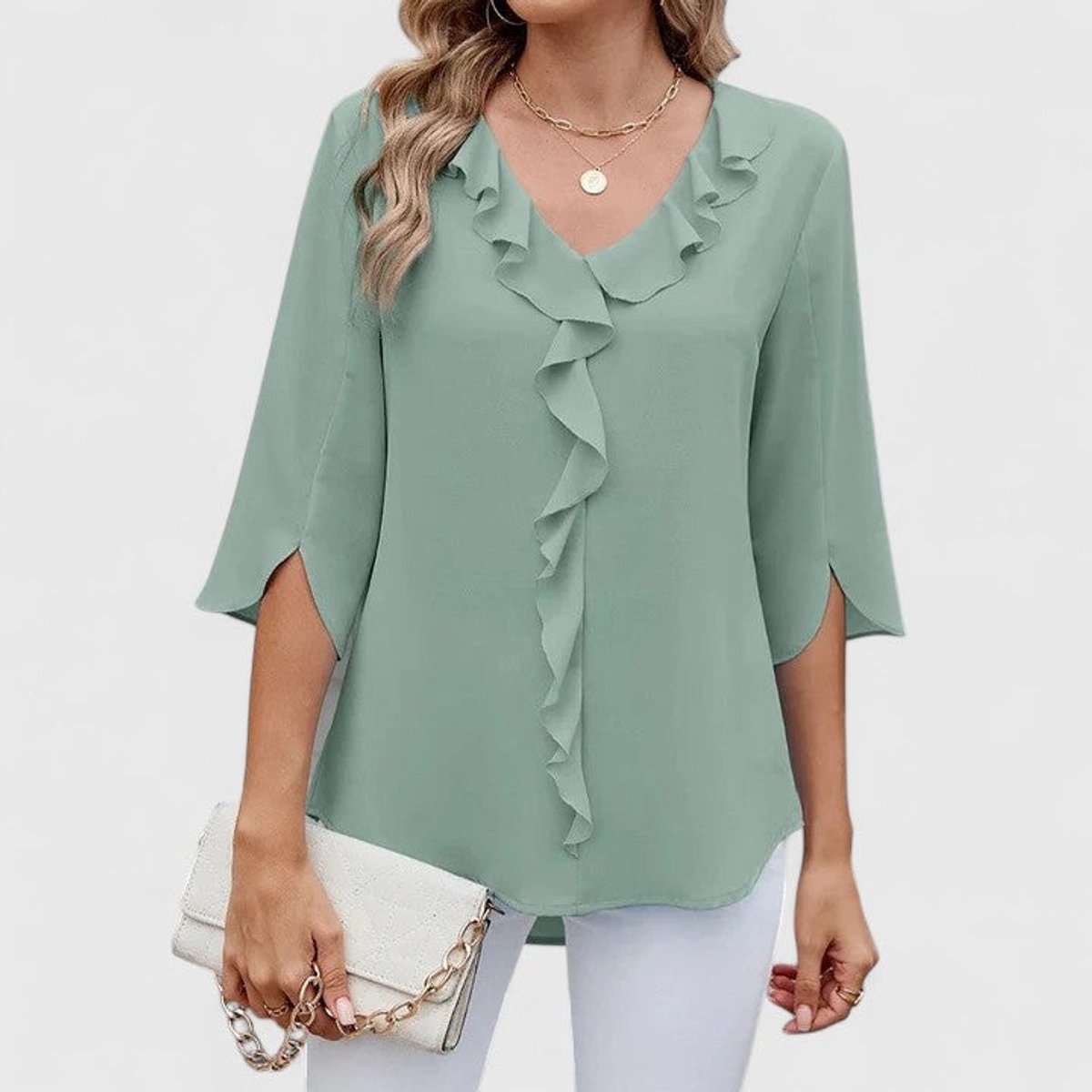 Women's Ruffled V-Neck Flared Chiffon Blouse - Green