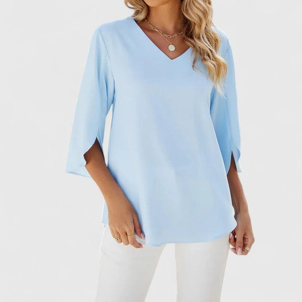 Women's Ruffled V-Neck Flared Chiffon Blouse - Classic Blue