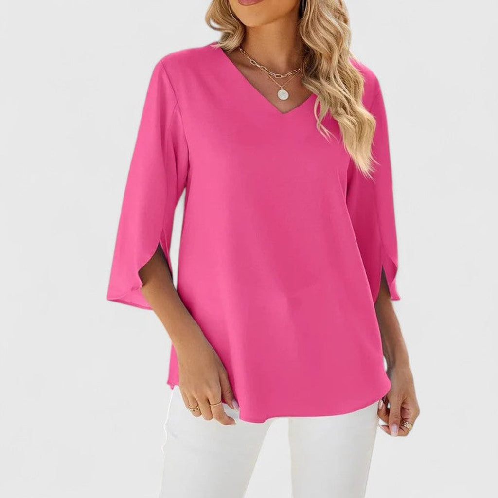 Women's Ruffled V-Neck Flared Chiffon Blouse - Classic Pink