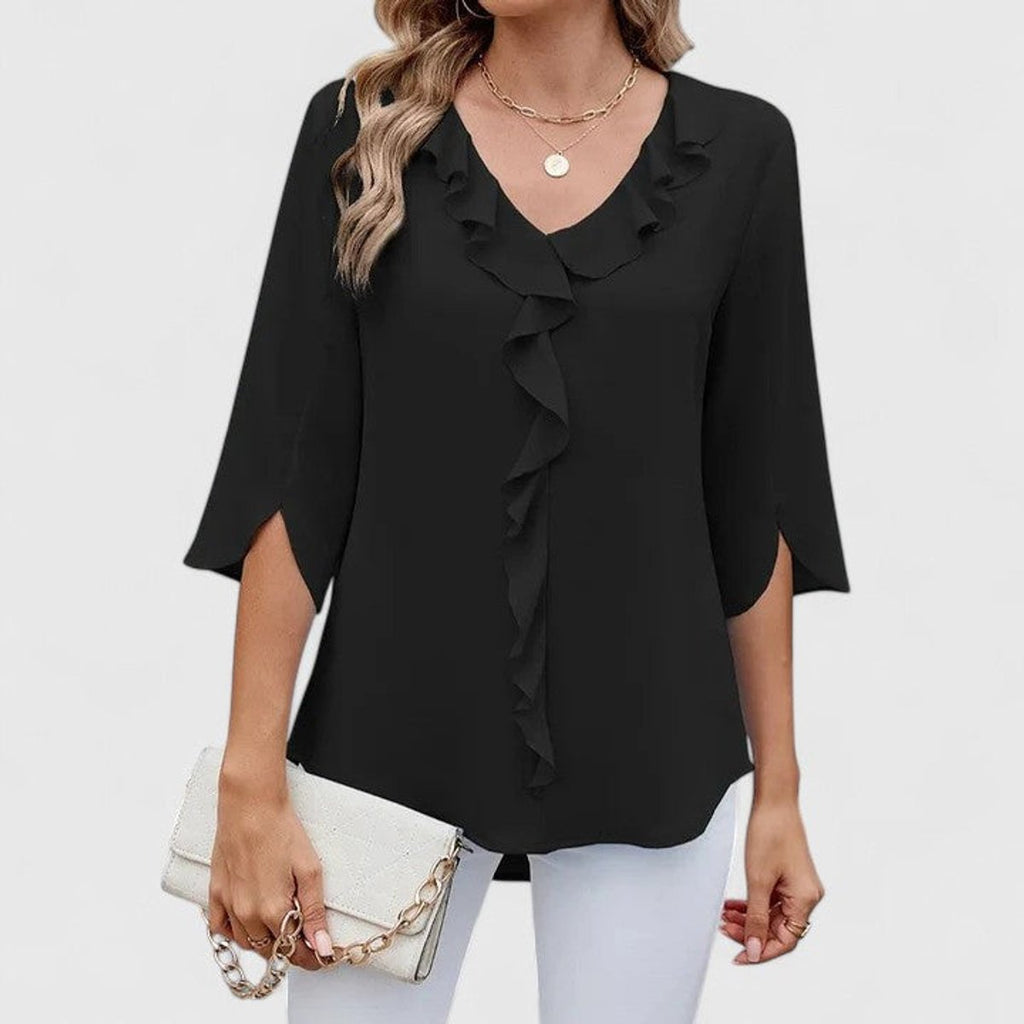 Women's Ruffled V-Neck Flared Chiffon Blouse - Black
