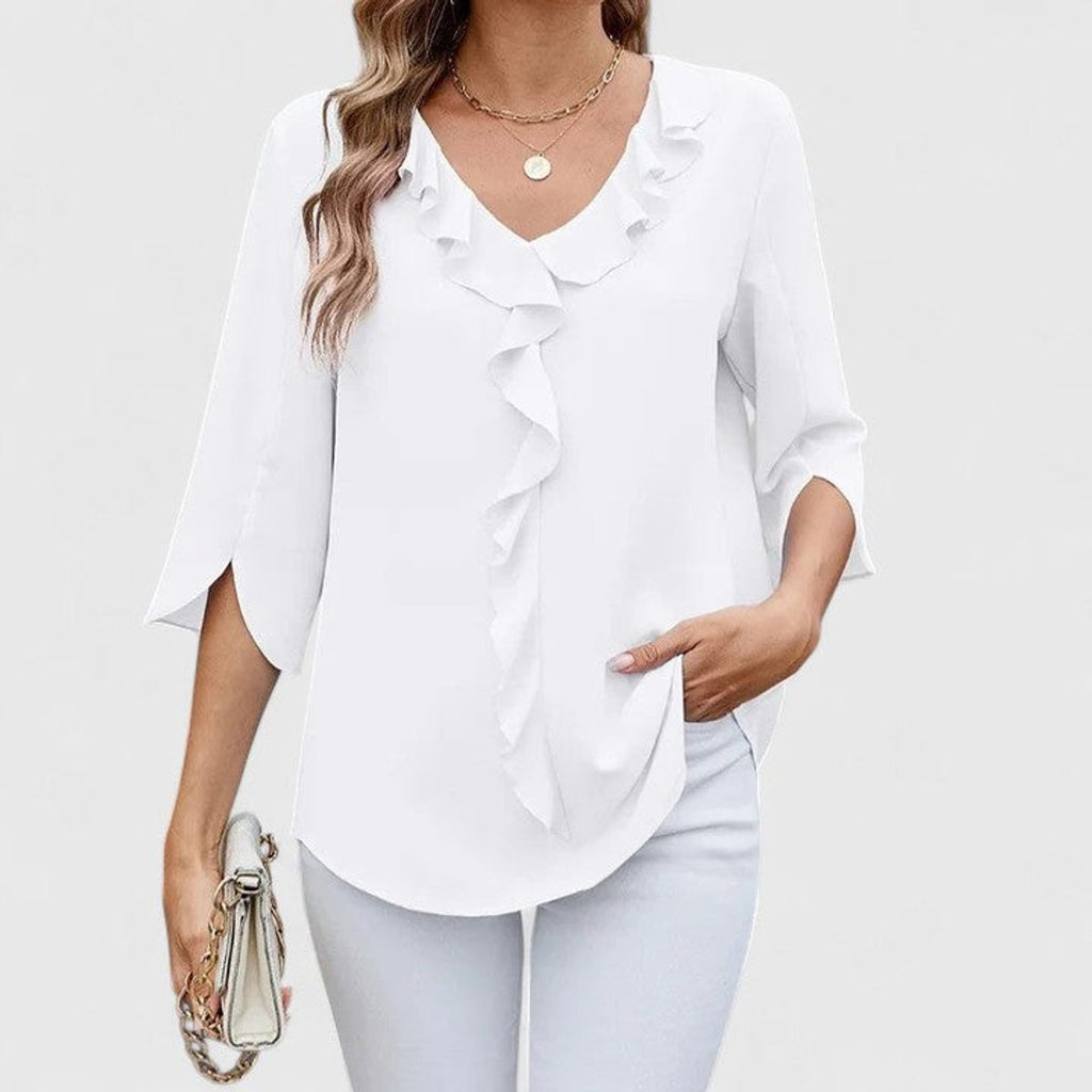 Women's Ruffled V-Neck Flared Chiffon Blouse - White