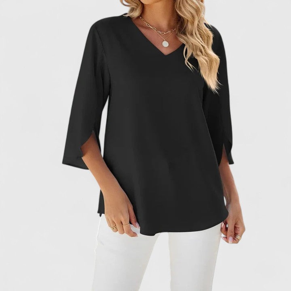 Women's Ruffled V-Neck Flared Chiffon Blouse - Classic Black