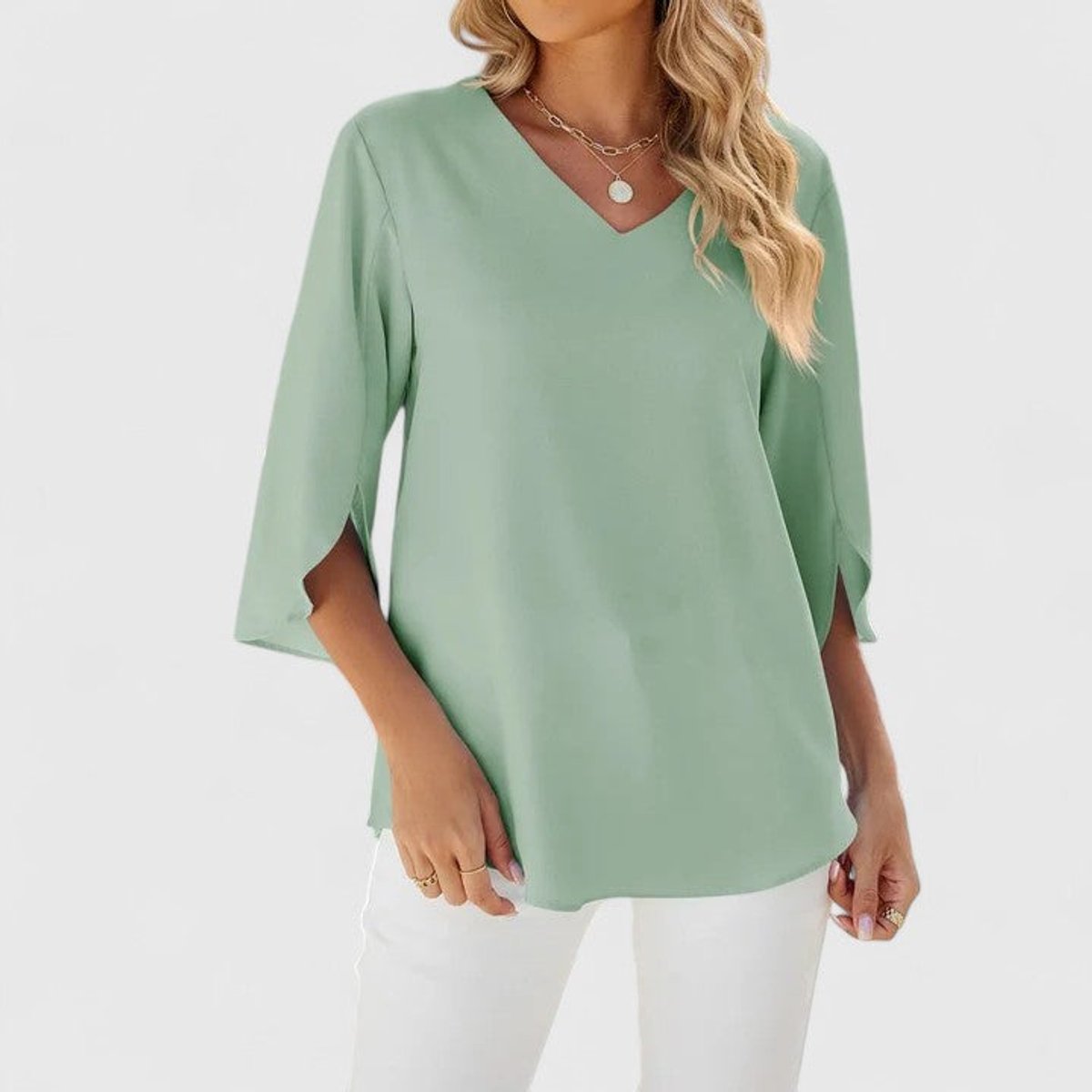 Women's Ruffled V-Neck Flared Chiffon Blouse - Classic Green