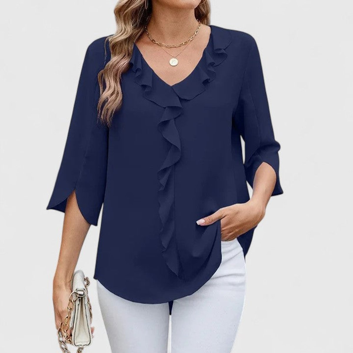 Women's Ruffled V-Neck Flared Chiffon Blouse - Blue