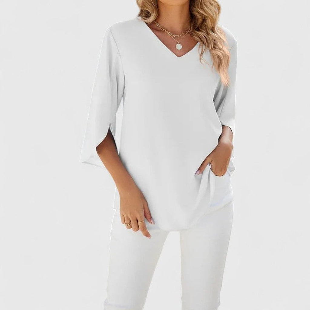 Women's Ruffled V-Neck Flared Chiffon Blouse - Classic White