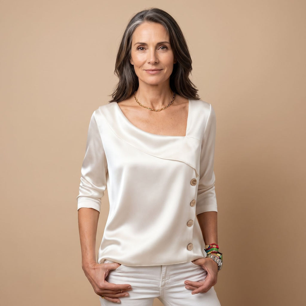 Women's Satin Asymmetric Square-Neck Button-Trim Blouse - White