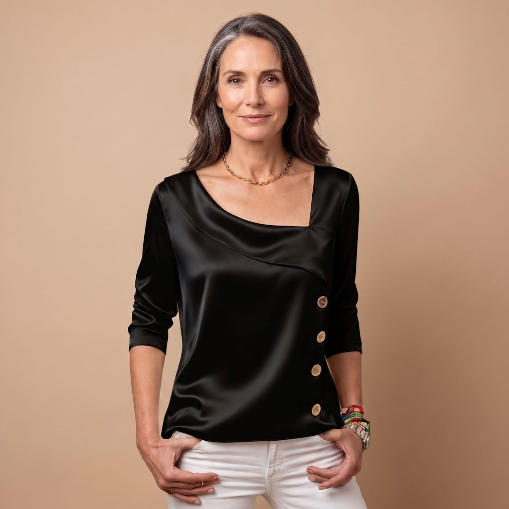 Women's Satin Asymmetric Square-Neck Button-Trim Blouse - Black