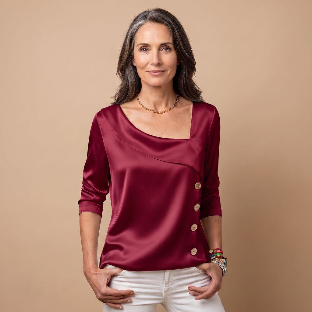 Women's Satin Asymmetric Square-Neck Button-Trim Blouse - Red