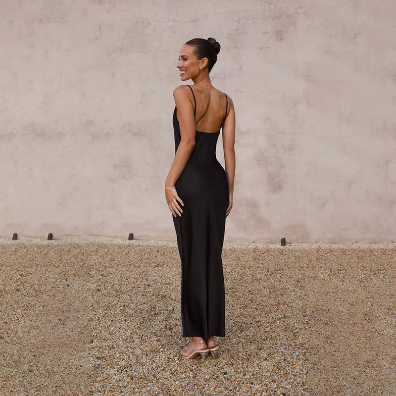 Women's Satin Backless Maxi Dress with High Slit