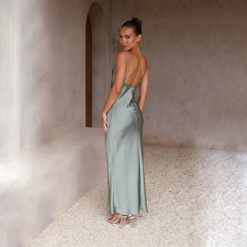 Women's Satin Backless Maxi Dress with High Slit