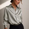 Women's Satin Button-Down Long-Sleeve Collared Blouse - Green