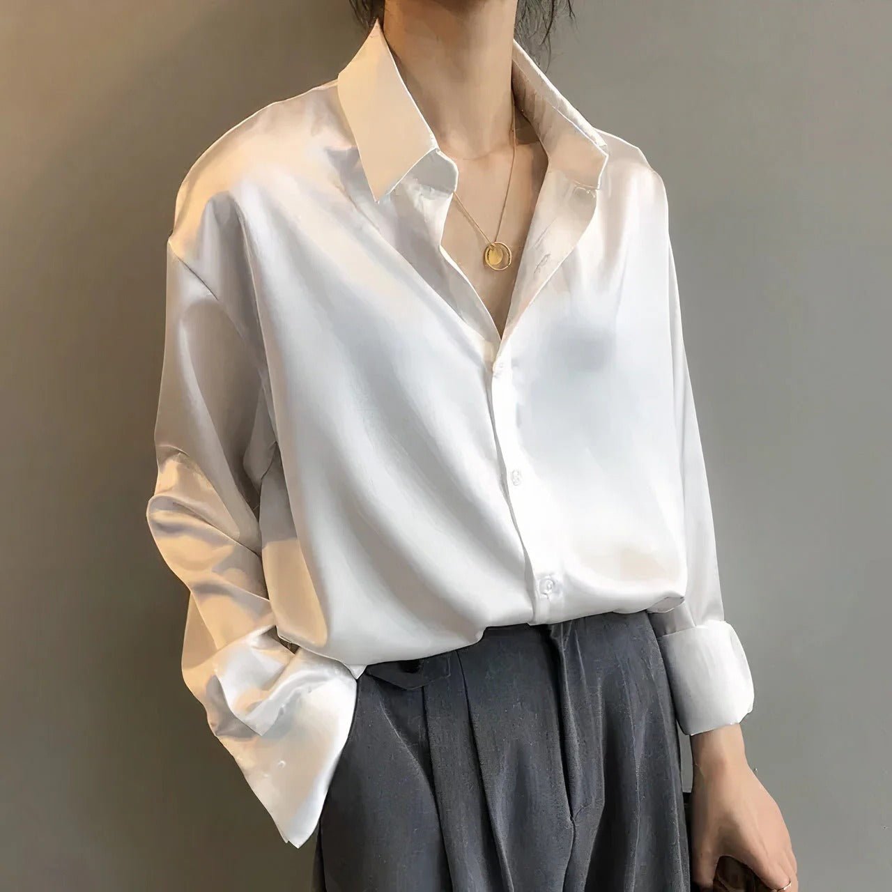 Women's Satin Button-Down Long-Sleeve Collared Blouse - White