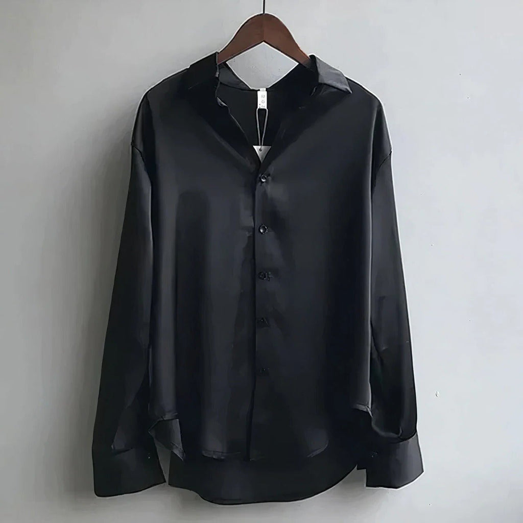 Women's Satin Button-Down Long-Sleeve Collared Blouse - Black