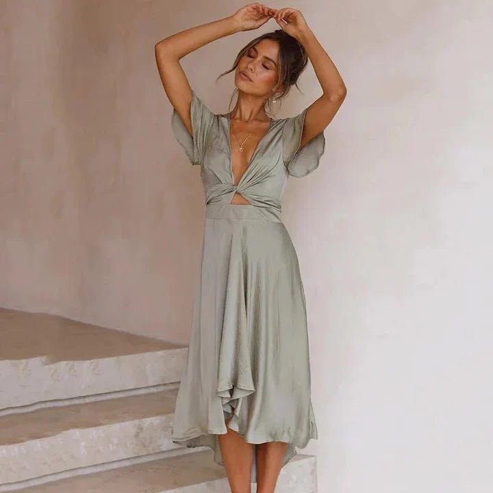 Women's Satin Deep V-Neck Flutter-Sleeve Tie-Front Midi Dress - Olive