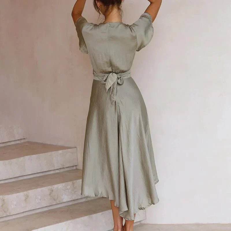 Women's Satin Deep V-Neck Flutter-Sleeve Tie-Front Midi Dress