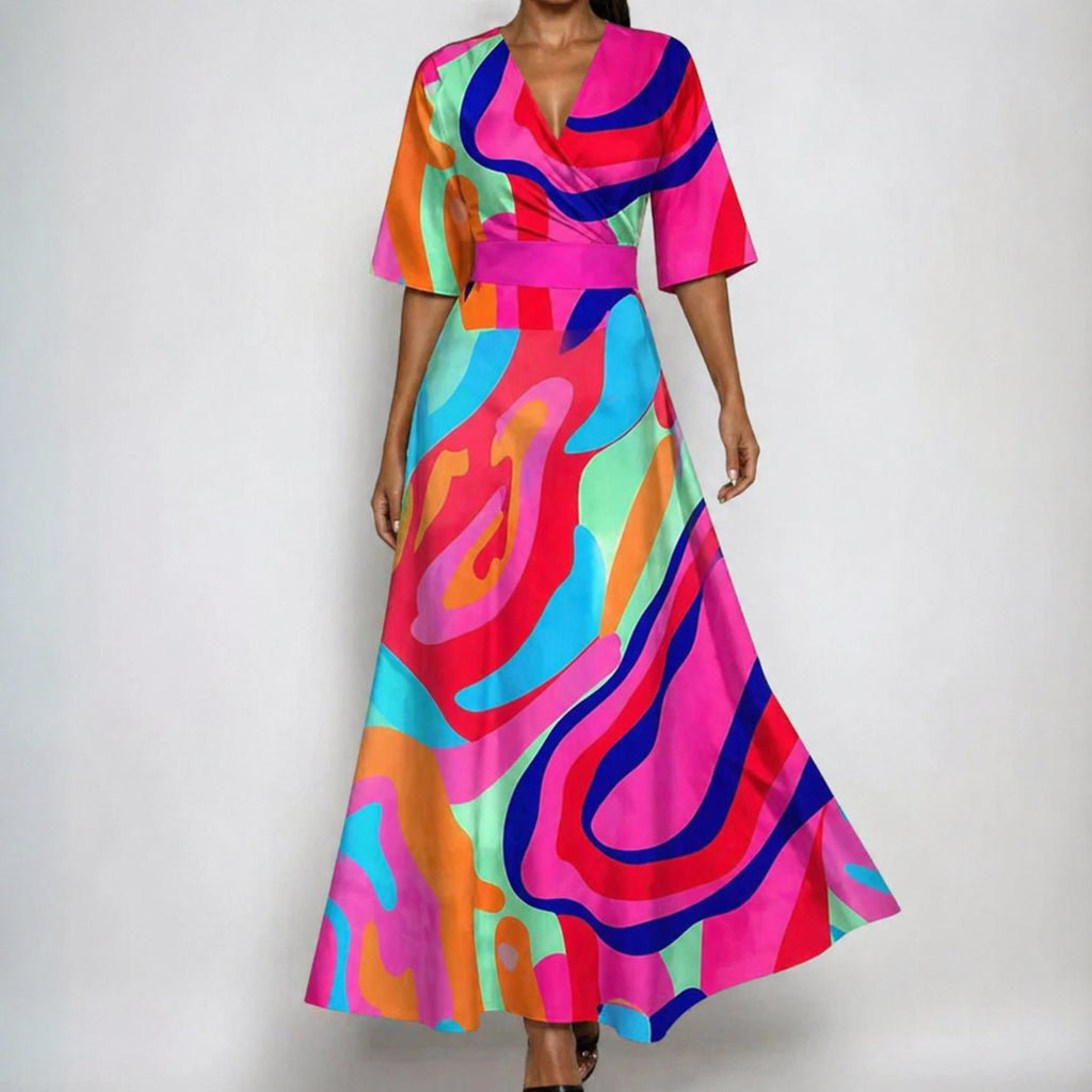 Women's Satin Floral Wrap V-Neck Belted Maxi Dress - Fuschia