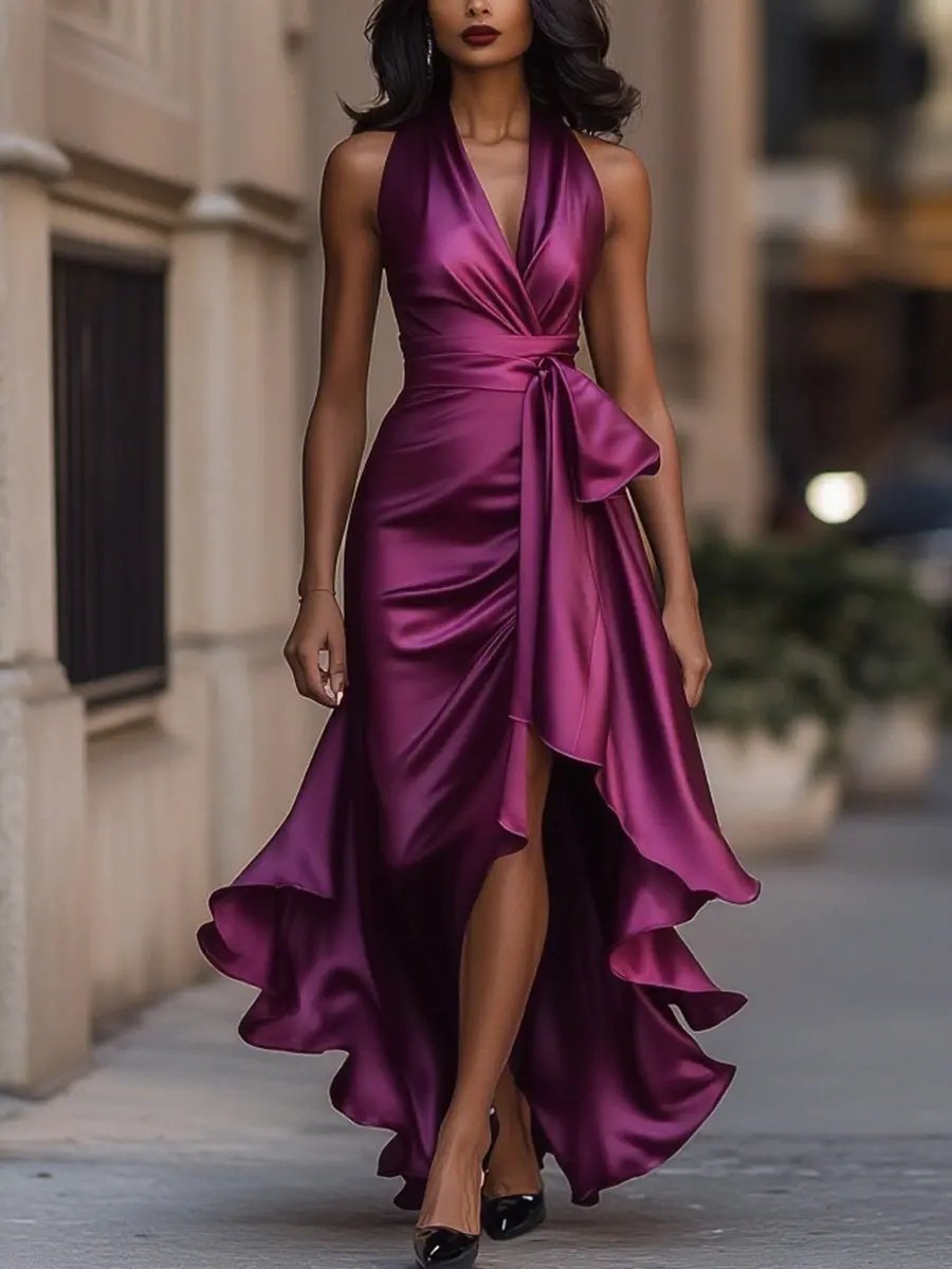 Women's Satin Halter Cocktail Party Dress High-Low Ruffle Wrap - Fuchsia