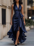 Women's Satin Halter Cocktail Party Dress High-Low Ruffle Wrap - Navy Blue