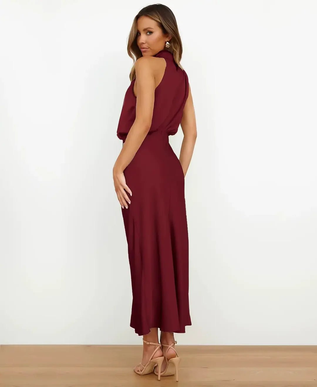 Women's Satin Halter Midi Dress - Wijn Rood