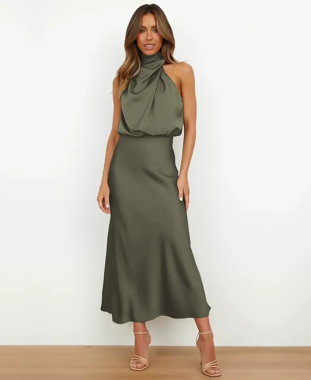 Women's Satin Halter Midi Dress - Olijfgroen