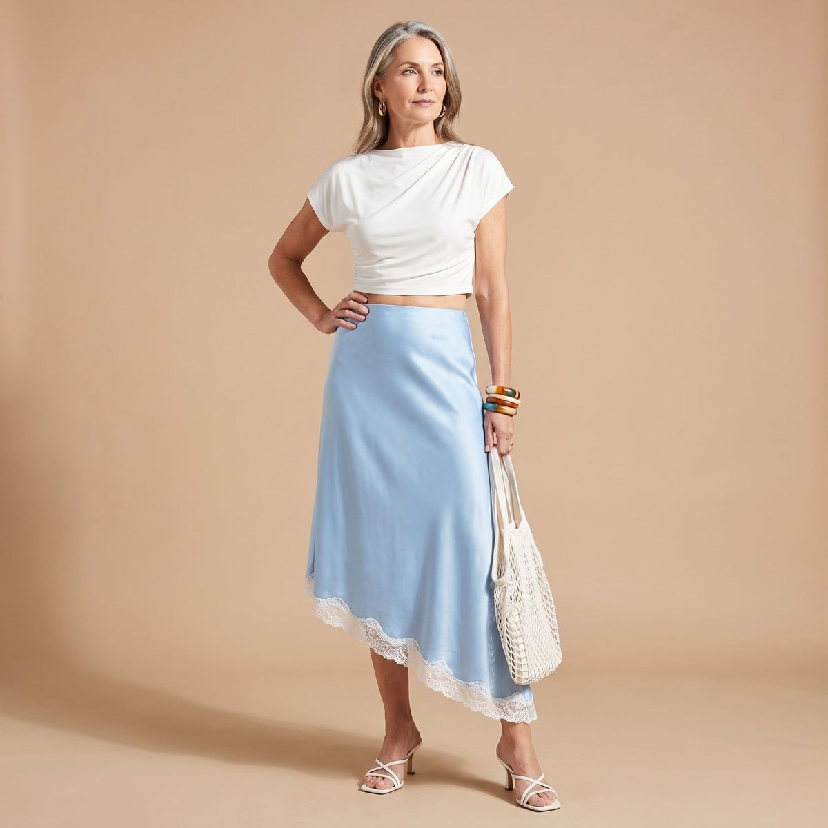 Women's Satin Lace-Trim Asymmetric Maxi Skirt Lace Dress - Light Blue