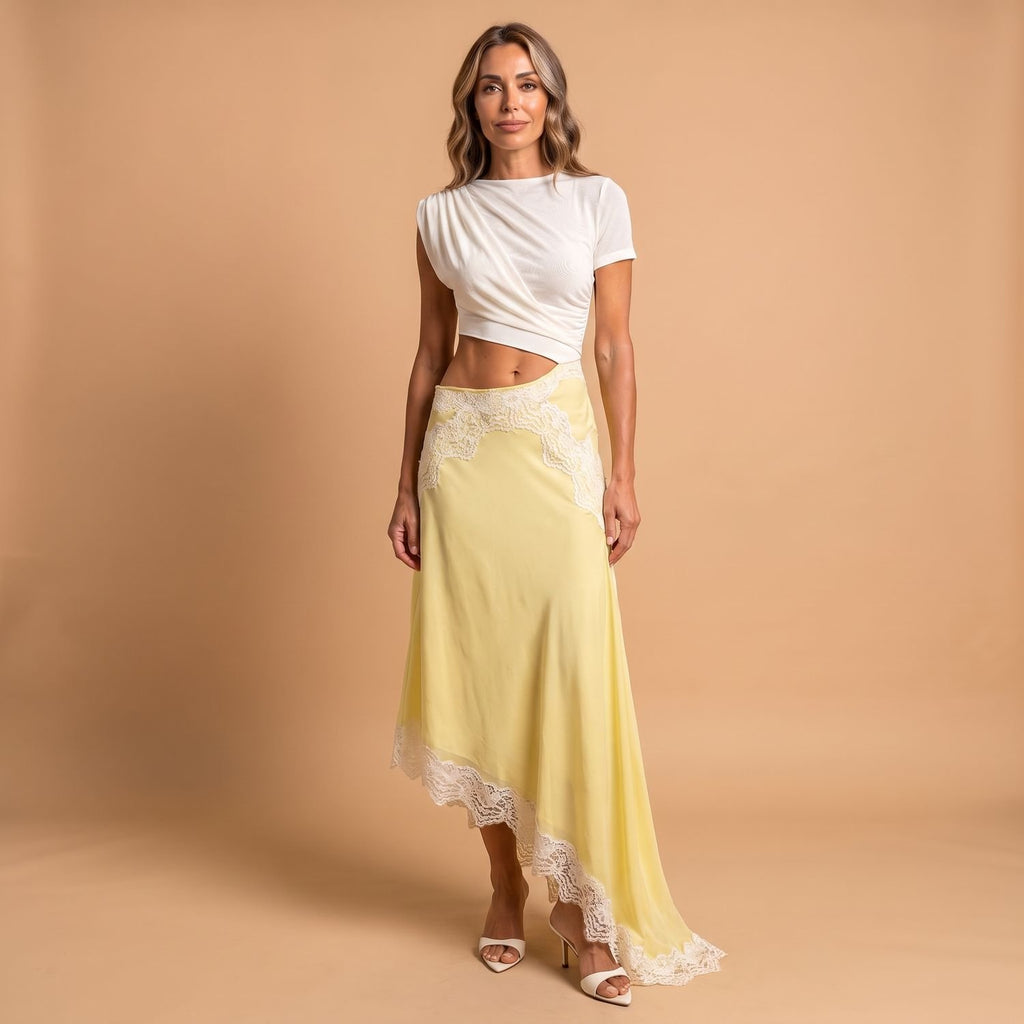 Women's Satin Lace-Trim Asymmetric Maxi Skirt Lace Dress - Light Yellow