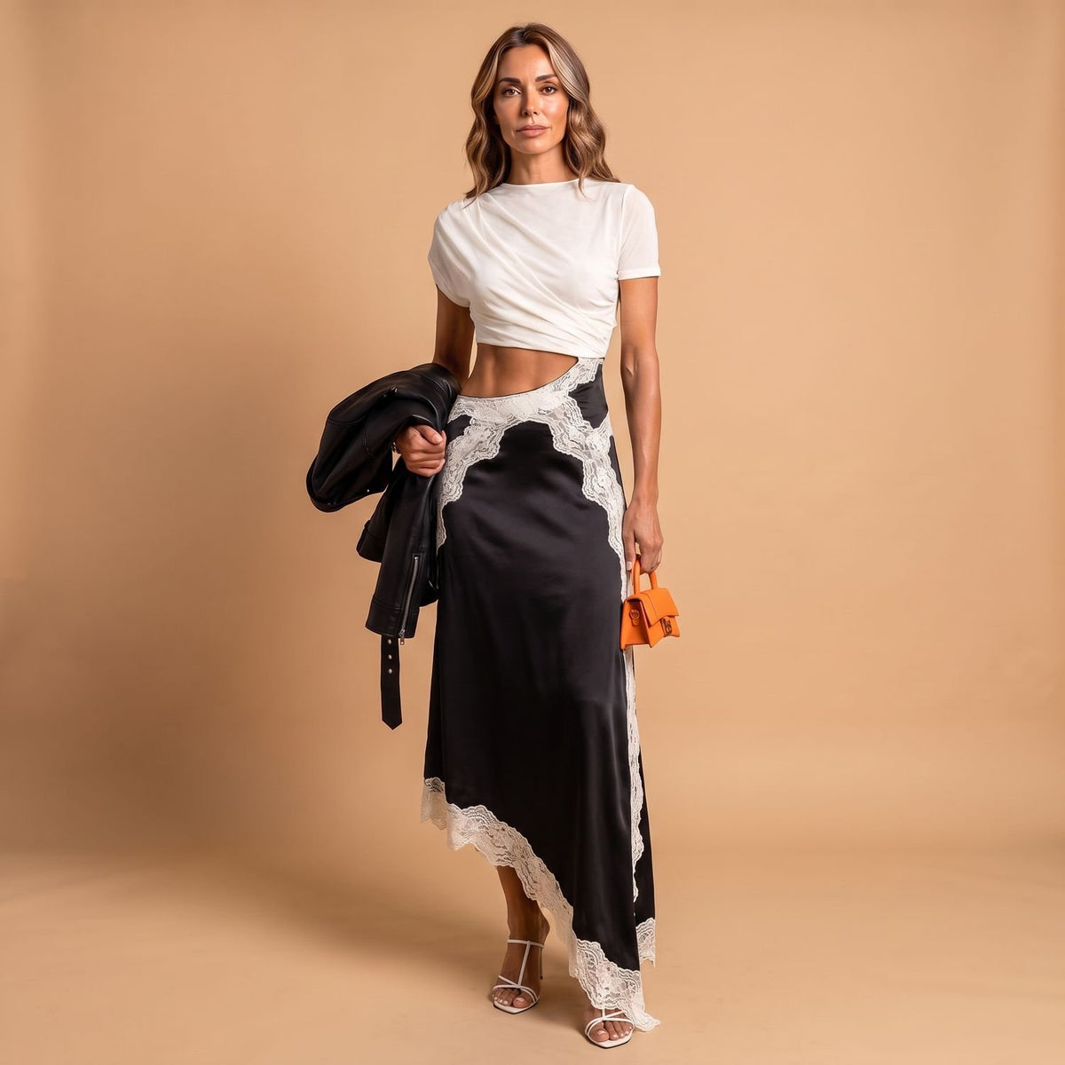 Women's Satin Lace-Trim Asymmetric Maxi Skirt Lace Dress - Black and White