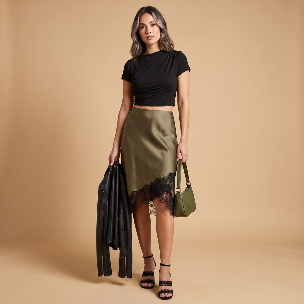 Women's Satin Lace-Trim Asymmetric Maxi Skirt Lace Dress - Camel